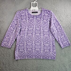 Prophecy Sweater Top Women‎ Medium Geometric Print Crew Neck 3/4 Sleeve Purple